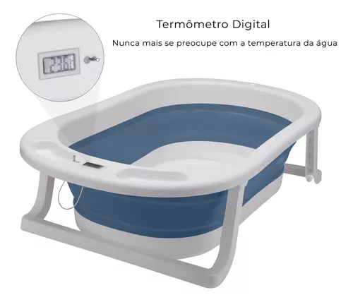 Banheira Retratil Portátil Dobrável Infantil com Termometro Digital Banho Bebê Azul Awiki