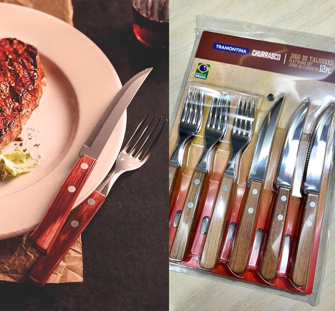 JOGO DE TALHERES PARA CHURRASCO DYNAMIC SORTIDOS COM LAMINAS DE ACO INOX E CABOS DE MADEIRA – 12 PEÇAS