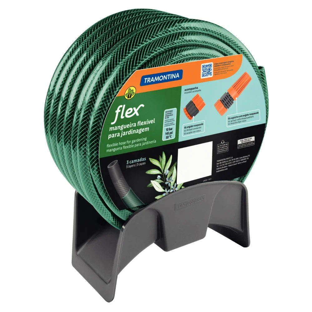 Mangueira Tramontina Flex Para Jardim, 25 M, Com Engates Rosqueados, Esguicho E Suporte Mural