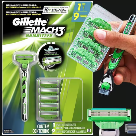 Gillette Mach3 Sensitive Aparelho de Barbear Recarregável + 9 Cargas com Aloe Vera, Ideal para Peles Sensíveis, 1 Kit