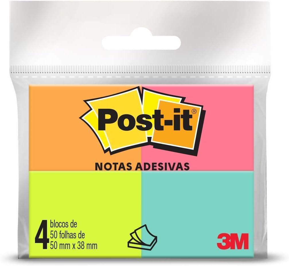 Post-it, 3M, Bloco de notas 4 blocos, 50 folhas cada Multicor