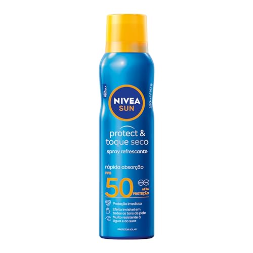 NIVEA SUN Protetor Solar Spray Protect & Toque Seco FPS 50 200ml – FPS 50, sensação refrescante na pele, rápida absorção, não oleoso, alta proteção UVA/UVB, muito resistente à água, embalagem spray