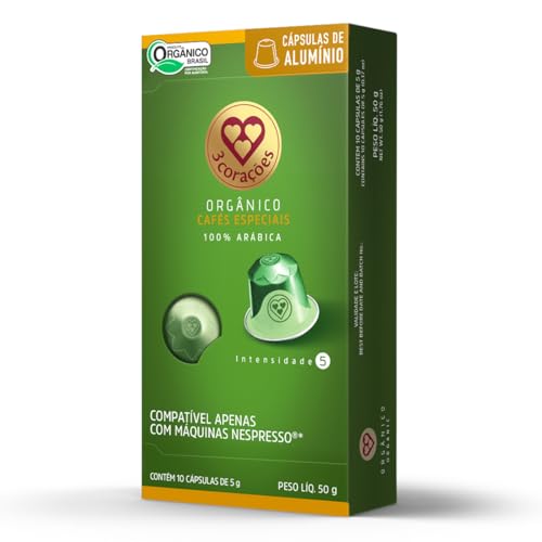 3 Corações Cápsulas de Café Orgânico, Compatíveis com Nespresso, contém 10 cápsulas
