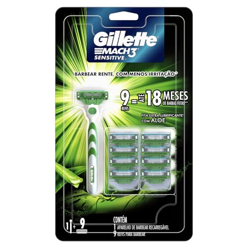 Gillette Mach3 Sensitive Aparelho de Barbear Recarregável + 9 Cargas com Aloe Vera, Ideal para Peles Sensíveis, 1 Kit