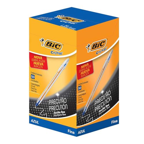 BIC, Caneta Esferográfica Escrita Fina, Cristal Fina, Azul, 50 Unidades