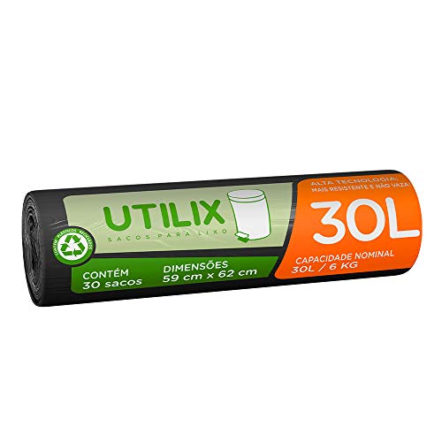 Utilix 510024312 – Saco para lixo, 30 litros, Preto, Rolo com 30 sacos