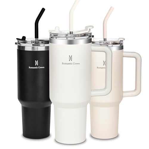 Romantic Crown Copo Térmico com Canudo Tampa e Alça 1,18L, Cops Garrafas Termico para viagem vácuo dupla camada aço inoxidável, Caneca Termica Cafe Água Chá,Presente, Fitness (Preto)