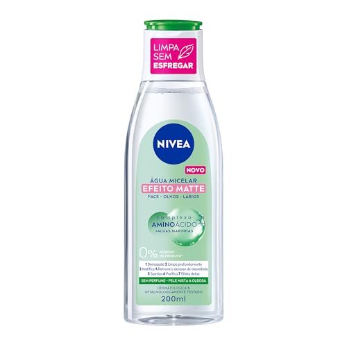 NIVEA Água Micelar Solução de Limpeza Facial 7 em 1 Efeito Matte 200ml – Fórmula poderosa com efeito matte que oferece 7 benefícios: limpa, hidrata, suaviza, tonifica, demaquila, acalma e refresca