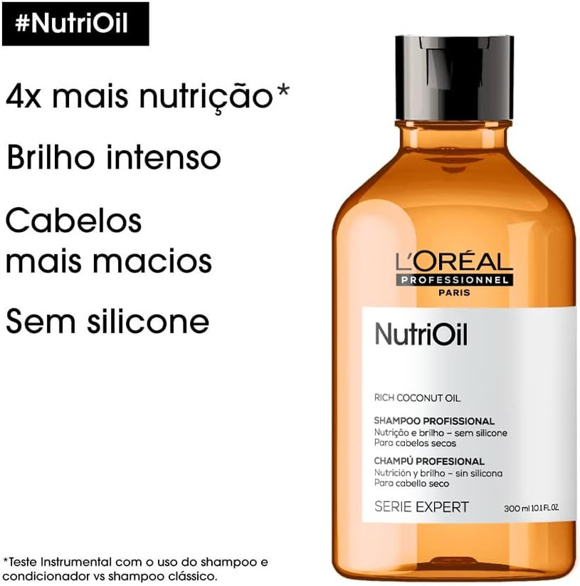 L’Oréal Professionnel Shampoo NutriOil, Para nutrição e brilho, Enriquecido com óleo de coco, com textura leve e para todos os tipos de cabelo, Cabelos mais macios e com muito mais brilho, 300ml