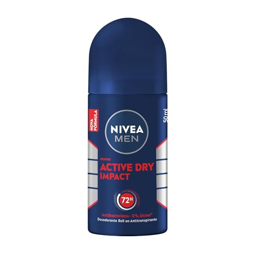 NIVEA MEN Desodorante Antitranspirante Roll On Dry Impact 50ml – Proteção prolongada de 72h, dupla proteção antitranspirante, proteção extra seca, sem alumínio, corantes e conservantes