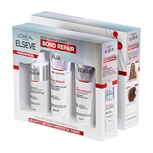 L’Oréal Paris Elseve Bond Repair Kit Tratamento Completo Reparação Molecular com Ácido Cítrico, Reconstrói Ligações e Devolve Força aos Cabelos Danificados (Pré-Shampoo + Shampoo + Condicionador)