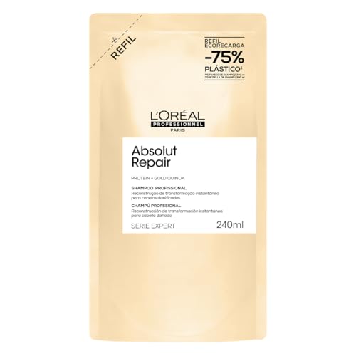 L’Oréal Professionnel Serie Expert Absolut Repair, Shampoo Reconstrutor para Cabelos Danificados e Finos Refil com Quinoa Dourada, Reparação Profunda e Brilho Intenso 240ml
