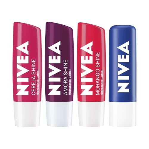 NIVEA KIT Hidratante Labial Original Care (4,8g) + Amora Shine (4,8g) + Cereja Shine (4,8g) + Morango Shine (4,8g), Kit Hidratação Labial