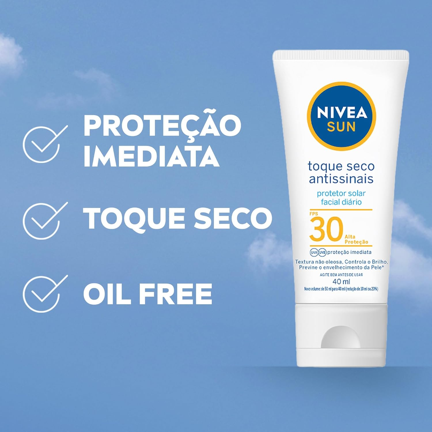 NIVEA SUN Protetor Solar Facial Toque Seco Antissinais FPS30 40ml, Alta Proteção UVA/UVB, Controla a Oleosidade, Previne Envelhecimento, Textura Leve